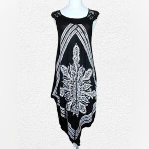 CYN Cynthia Mehra Dress One Size Lace Printed Scarf Style Black White